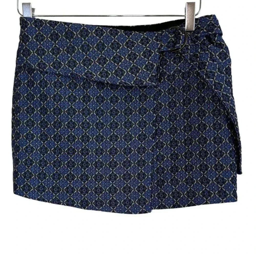 2/$30 Free People Size 2 Tapestry Navy Black Patterned Wrap Miniskirt 90s